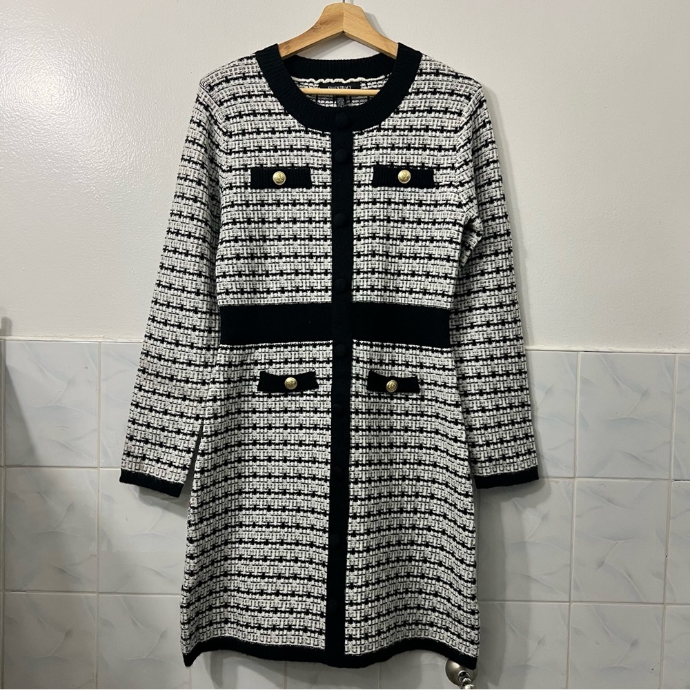 Ellen Tracy Womens M Boucle Black & White Clean Girl Chic Classic Sweater Dress